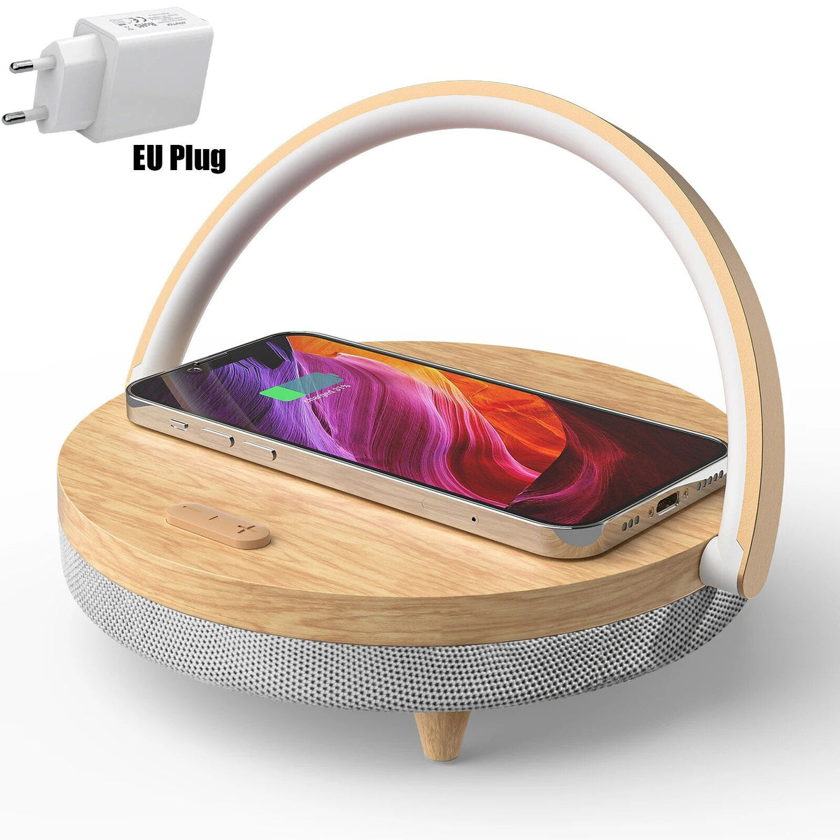 3-in-1-Wireless-Ladegerät aus Holz mit LED-Lampe und Bluetooth-Lautsprecher
