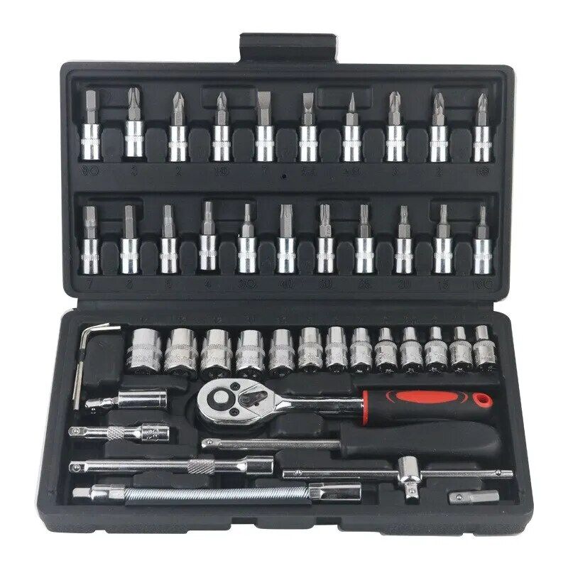 Kompletter 46-teiliger 1/4-Zoll-Steckschlüsselsatz mit Ratschen- und Schraubenschlüssel-Kombination – Professionelles Werkzeugset für Automechaniker