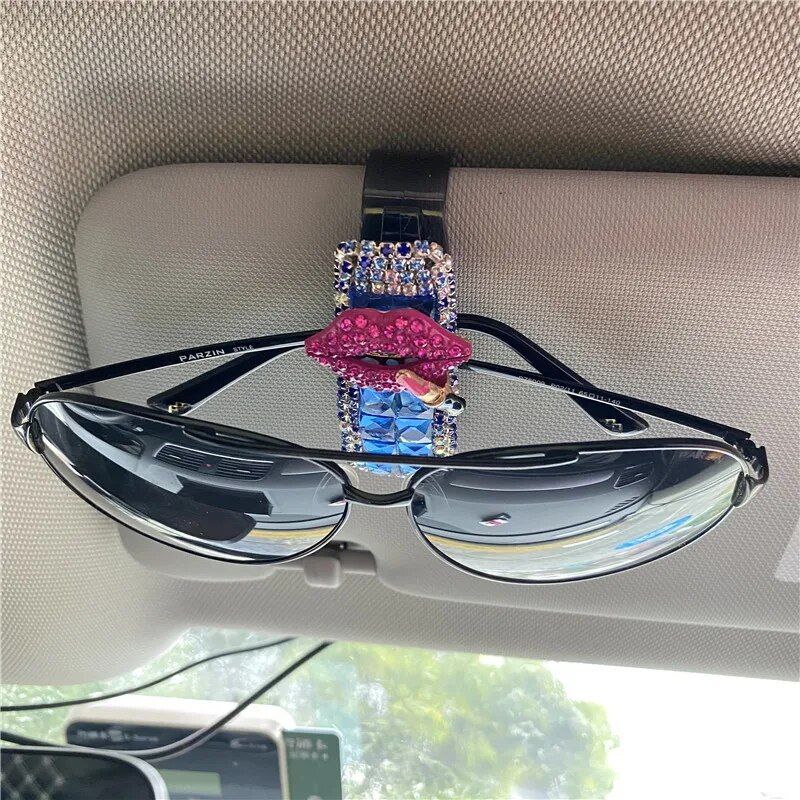 Soporte para gafas de sol con visera de coche con diamantes de imitación de lujo