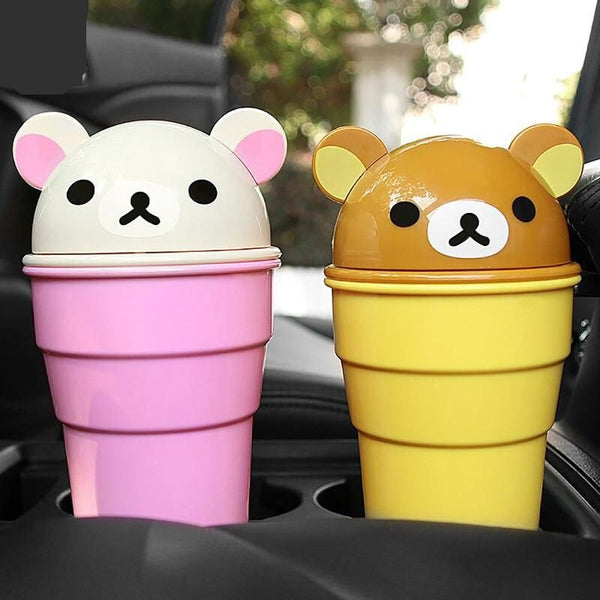 Bote de basura para coche con diseño de oso de dibujos animados y tapa rodante
