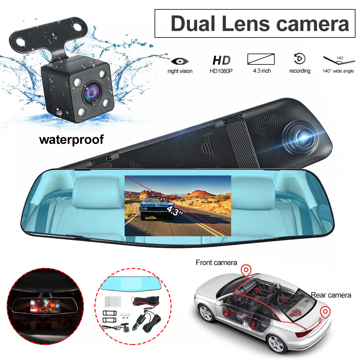 1080P HD Dual Lens Car DVR Video Cam Mirror Recorder With Rear View Camera - Auto GoShop
