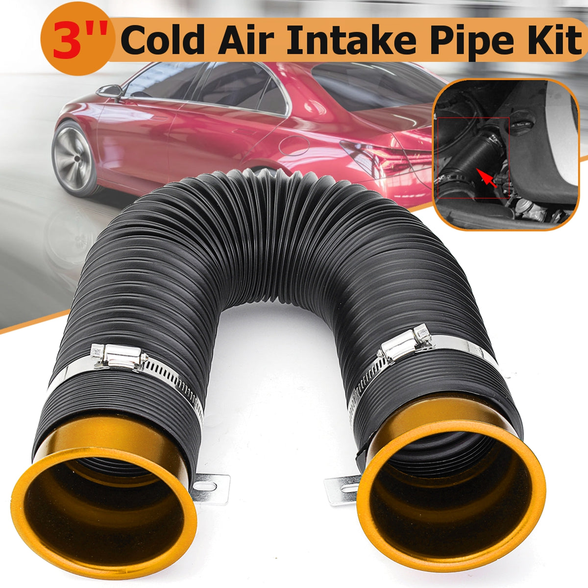 Dim Gray 3Inch Universal Cold Air Intake Feed Flexible Duct Pipe Induction Kit Filter