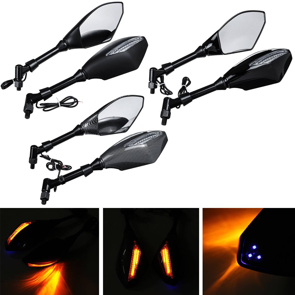 Ghost White Pair 10mm/8mm Motorcycle LED Mirrors Turn Signal Integrated Indicator Light Rearview