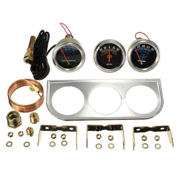 Black Car Auto Meter Trio Ammeter Water Temp Oil Pressure Gauge Mechanical Sliver