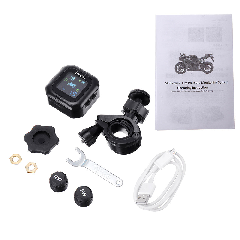 Black Enusic™ Waterproof LCD Motorcycle TPMS Tire Pressure Monitor System With 2 External Sensor
