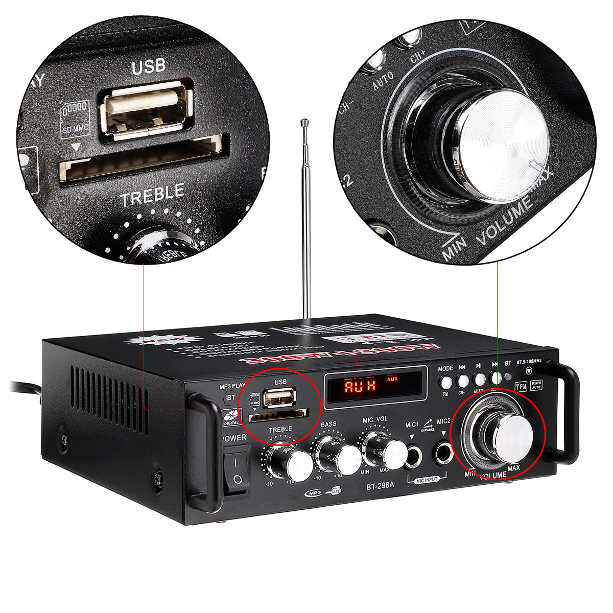 Dark Slate Gray BT-298A110V 12V HIFI Bass Car Audio Stereo Power Amplifier bluetooth FM Radio 2CH 600W LED Diaplay Support FM AUX SD For Car Home