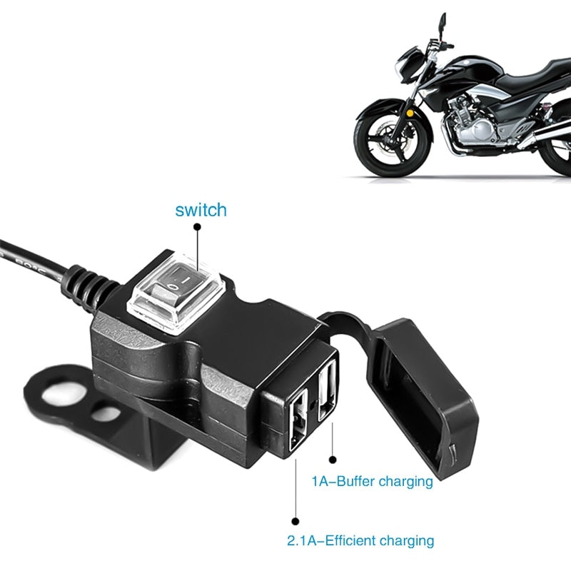 Dark Slate Gray Dual USB port 12V waterproof motorcycle handlebar charger 5V 1A / 2.1A power adapter plug for mobile phone (12 24V)