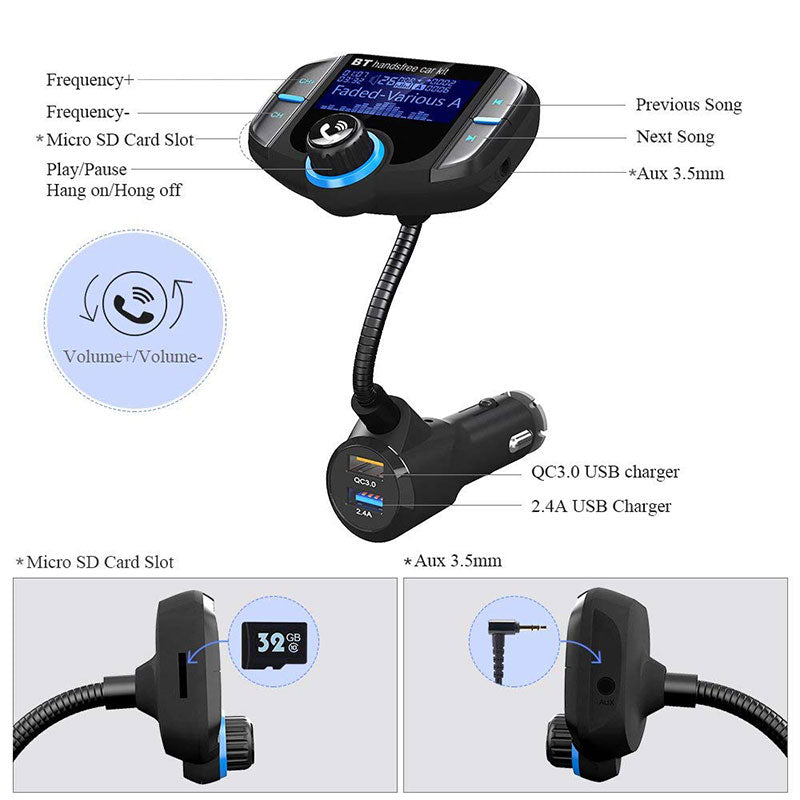 Dark Slate Gray Car Bluetooth transmitter fast charge (Black)