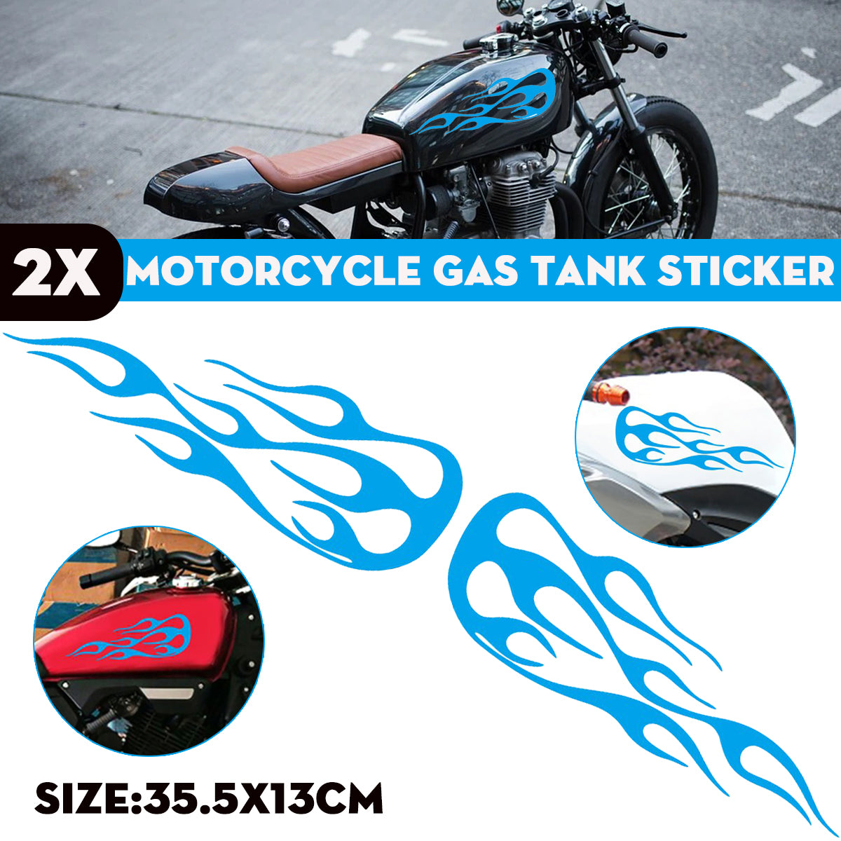 Dodger Blue 2pcs Flame Badge Decal Car Motorcycle Gas Tank Decorative Stickers 13.9x5.1 Inch Universal