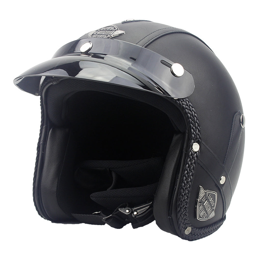 Black Unisex Retro Characteristic Four Seasons Universal 3/4 Leather Motorcycle Electro-mobile Helmet MTB helmet