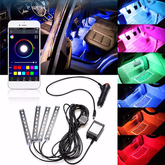 Ghost White 4Pcs LED Car Interior Decoration Lights Floor Atmosphere Light Strip Phone App Control Colorful RGB