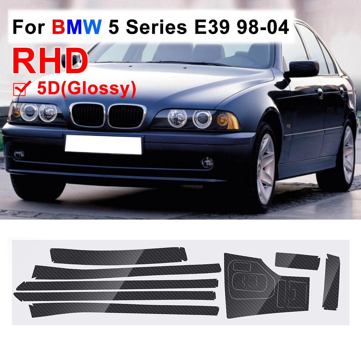 Black RHD Carbon Fiber Interior Sticker Vinyl For BMW 5 Series E39 1998-2004