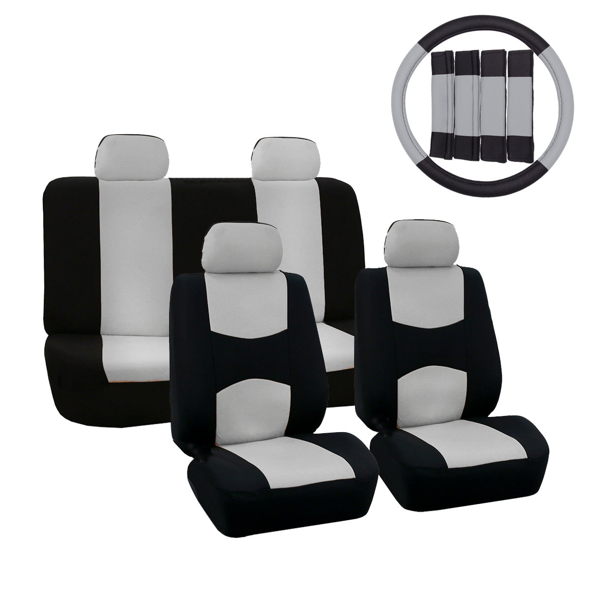 Car Van Seat Cover Protecter Full Set Steering Wheel Pad Washable Airbag Grey - Auto GoShop