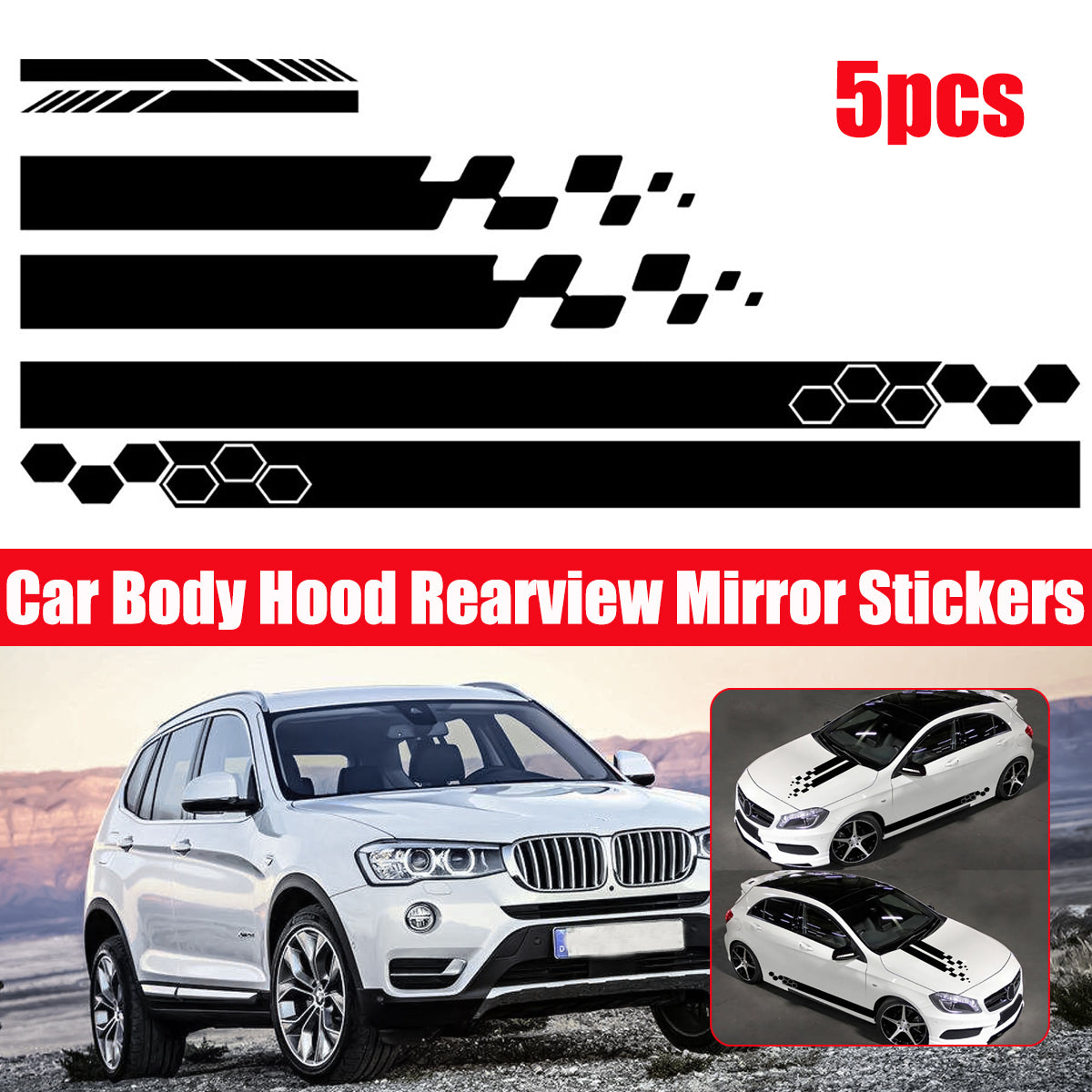 Red 5pcs Universal Car Side Body Stripe Sticker DIY Decal Trim Hood Rear View Mirror