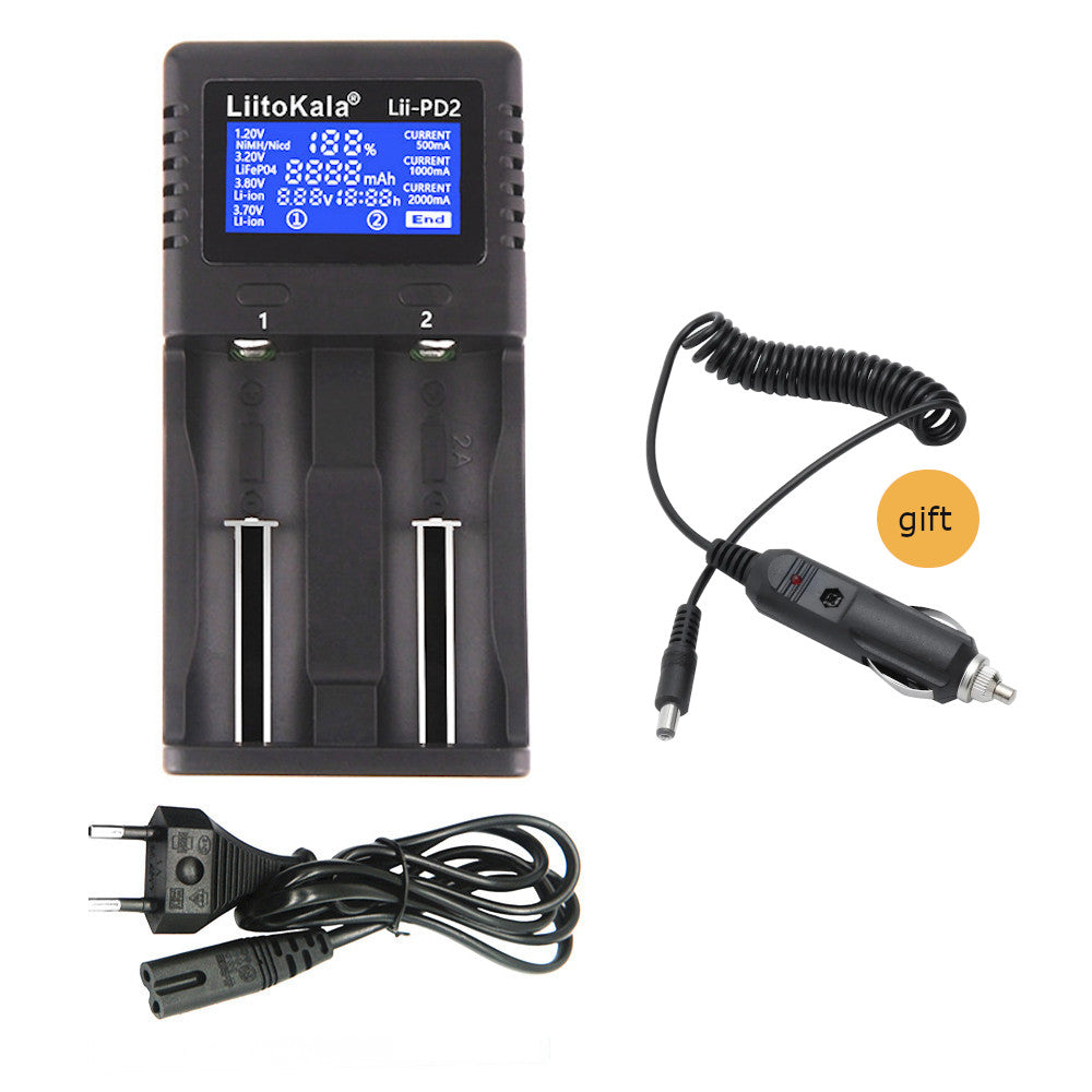 Dark Slate Gray LiitoKala Lii-PD2 LCD Battery Charger for 18650 26650 21700 2-slot Lithium Battery+ 12V Car Socket Power Supply Charger Cable Male Plug