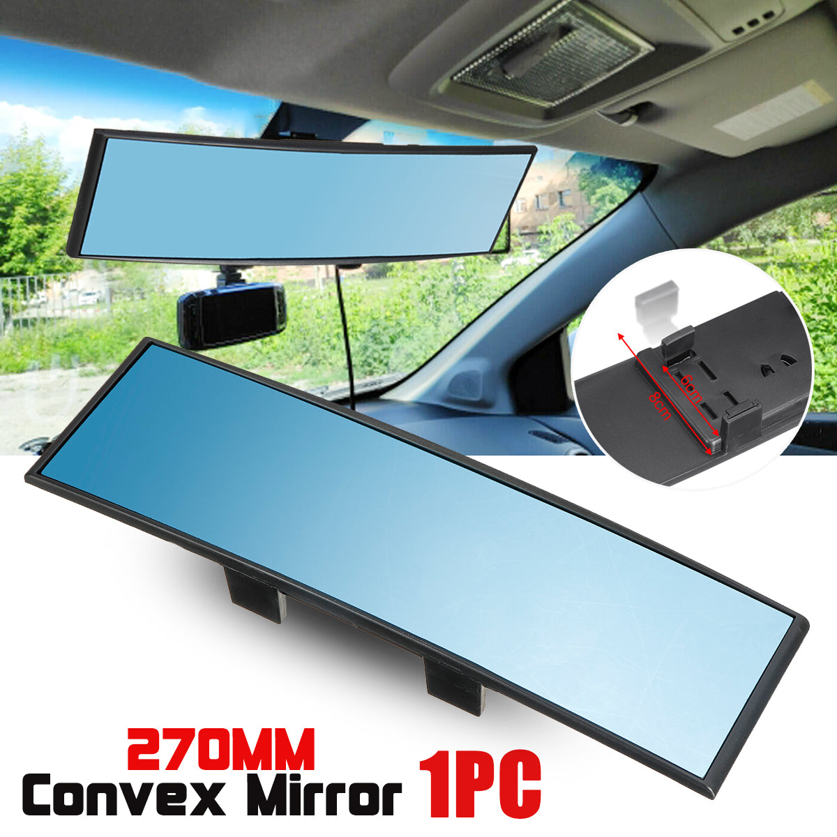 Sky Blue Car Interior Panoramic 270mm Convex Rear View Rearview Mirror Universal Clip On