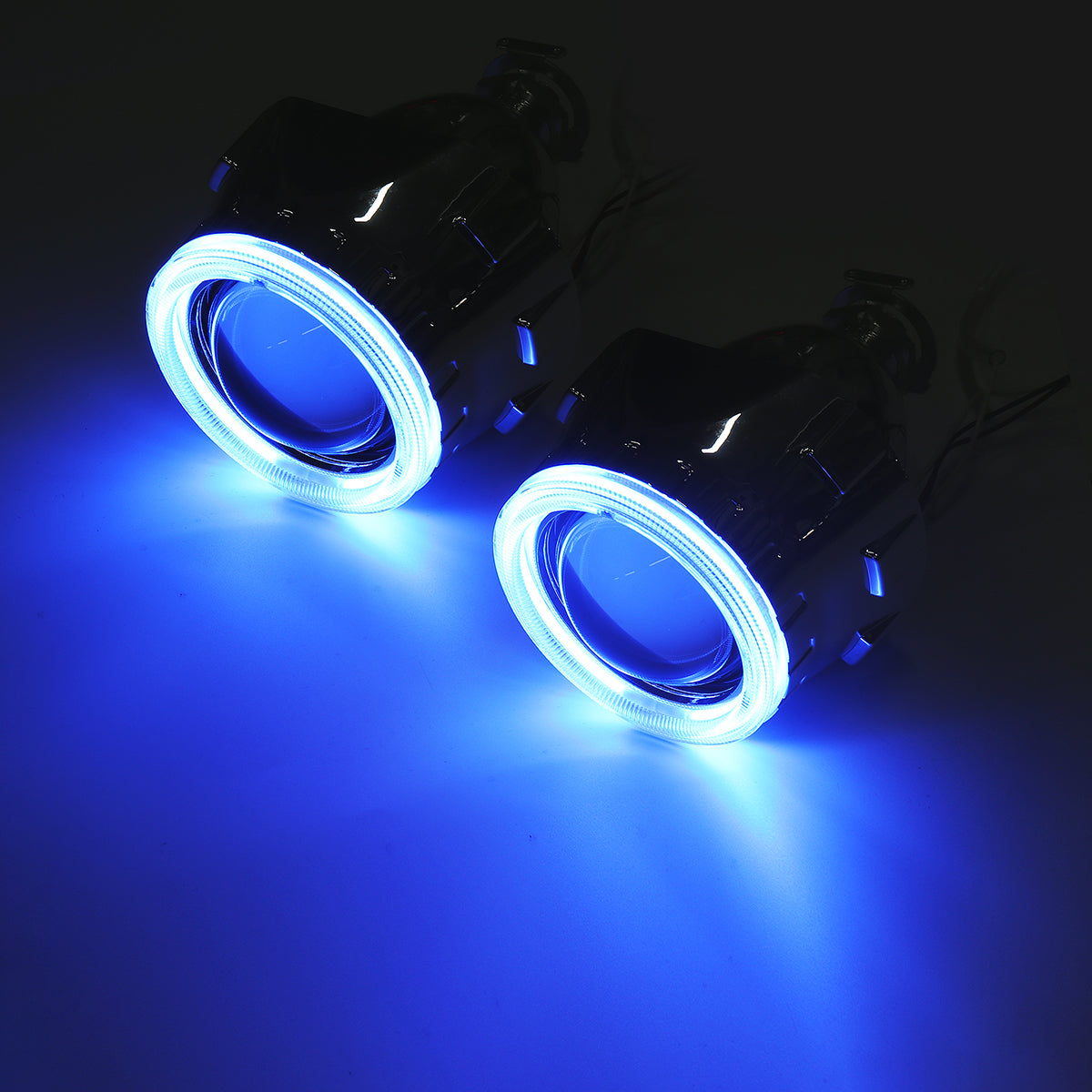 Royal Blue 2.5 Inch H1/H4/H7 Bi-Xenon HID Projector Headlights Conversion Kit with Lens CCFL Angel Eyes Halo Ring Lights Shroud RHD