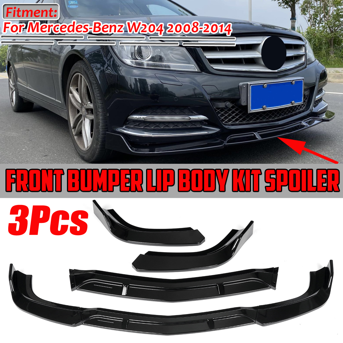 Front Bumper Lower Splitter Lip Diffuser Guard Front Shovel Bright Black for Mercedes for Benz W204 C180 C200 C250 Sedan 2008-2014