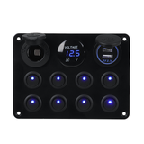 8 Gang 12V Switch Panel 11X15Cm for Caravan RV Yacht Blue LED Dual USB + Display