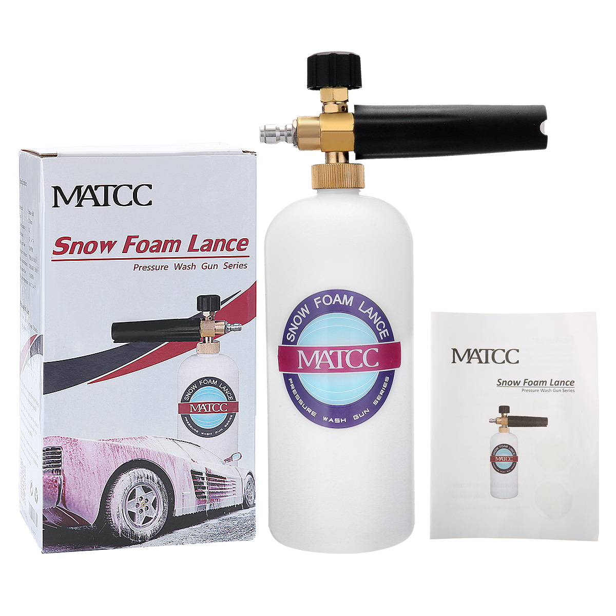 MATCC Adjustable Snow Foam Lance Washer Soap 1L Bottle Car Wash 1/4 Inch Inlet