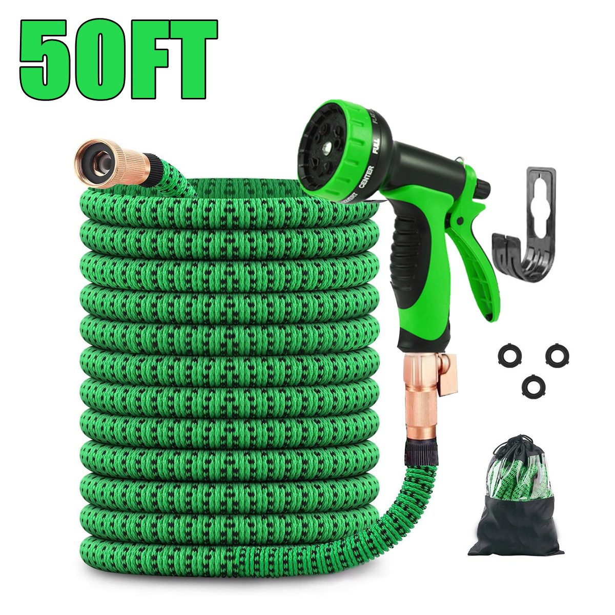 50/75/100FT Upgraded Expandable Garden Water Hose Function Spray Nozzle Green