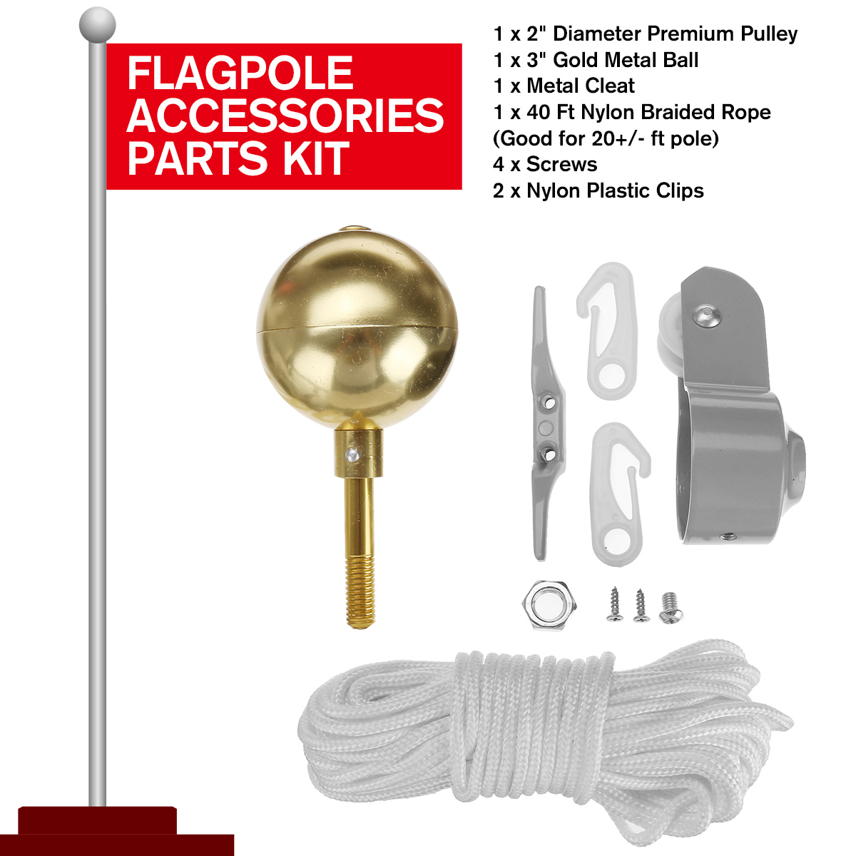 Flag Pole Parts Repair Tool Kits 2Inch Diameter Truck Pulley Gold Ball Cleat Halyard Rope