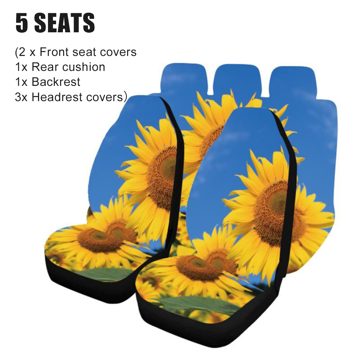 5PCS Universal Car Van Seat Covers Sunflower Printed Front Rear Protection Mats - Auto GoShop