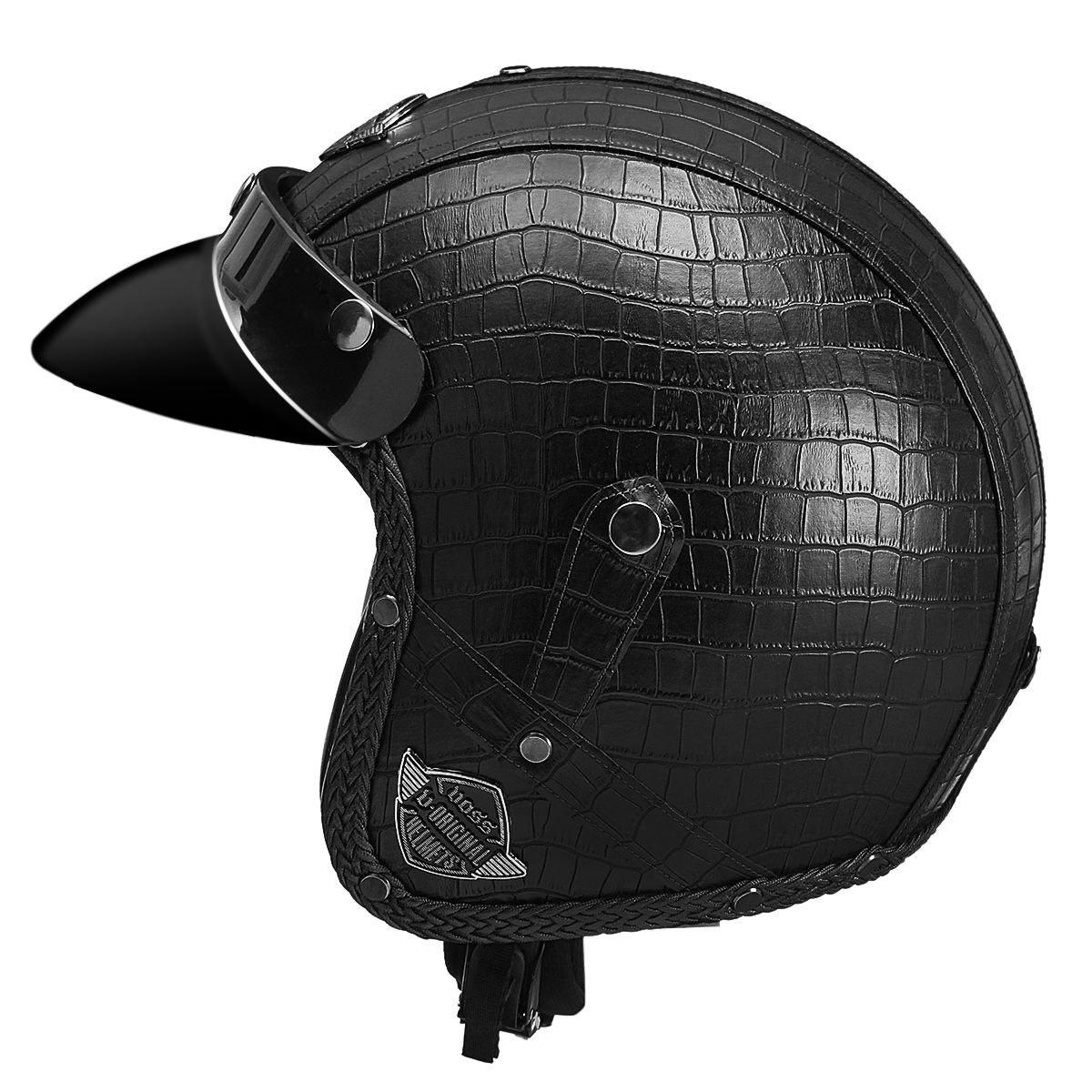 3/4 Face Mask PU Leather Motorcycle Helmet M/ L/ XL Visor Alligator Skin Pattern - Auto GoShop