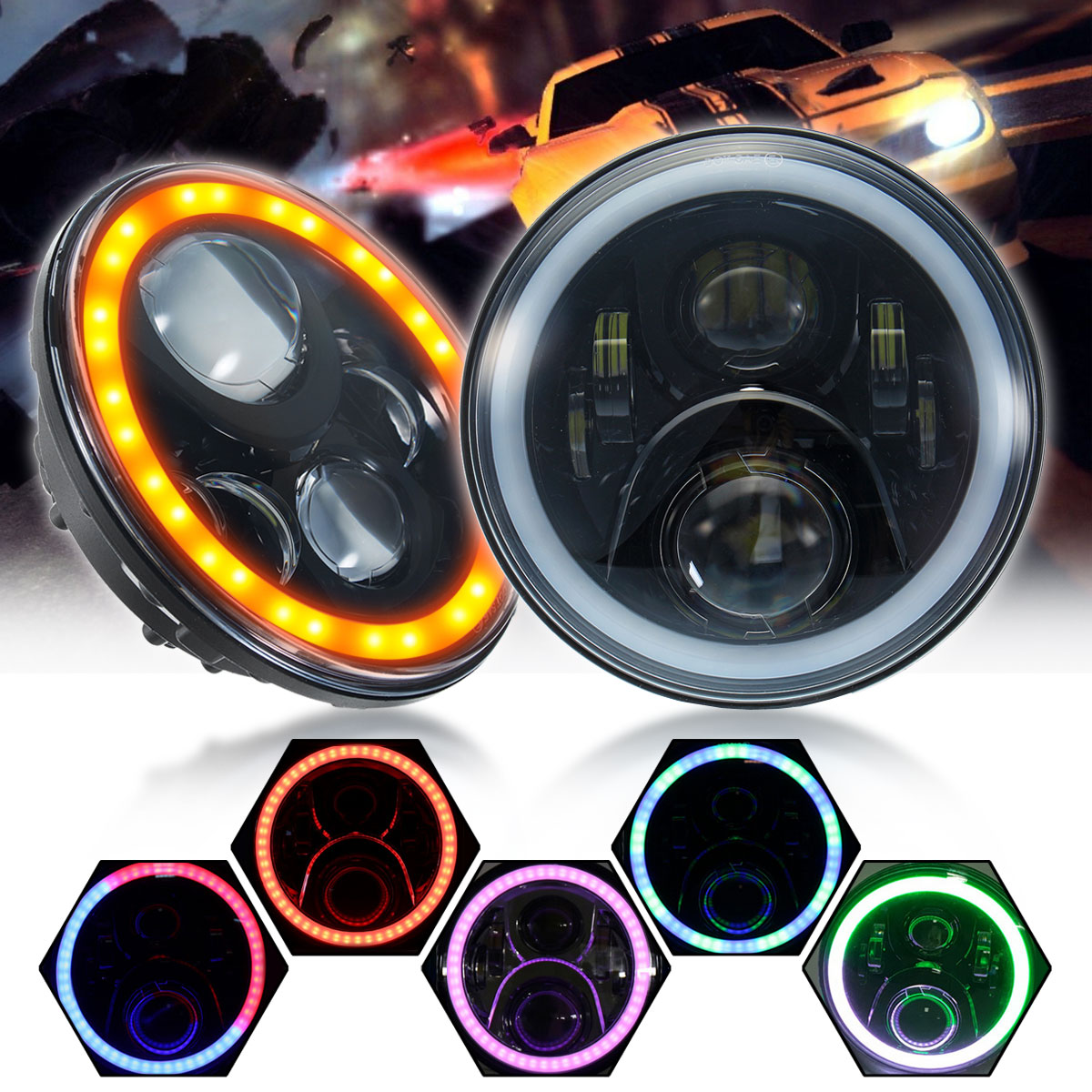 Pair 7 Inch 19 RGB LED Car Headlights IP67 Built-In Lamp Automatic Change Halo Angel Eyes for the Jeep Wrangler Landrover Defender Hummer