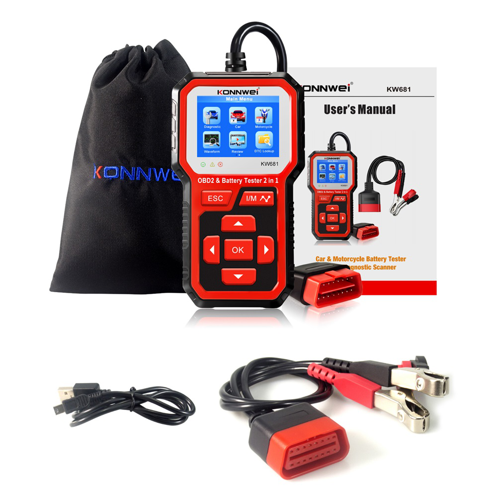 KONNWEI KW681 Car Battery Tester OBD2 Diagnostic Scanner 2 in 1 Code Reader DTC Engine Cranking Test for 6-12V Auto Motorcycle - Auto GoShop