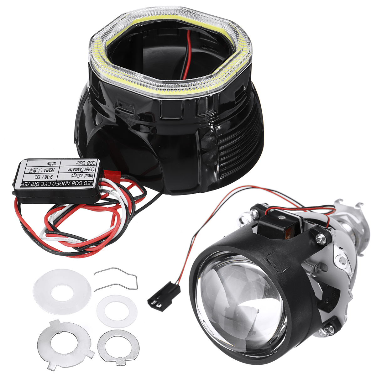 2.5 Incn Car COB LED Angel Eyes Halo Headlight Day Running Lights DRL HID Xenon Projector Lens Kit Square for LHD