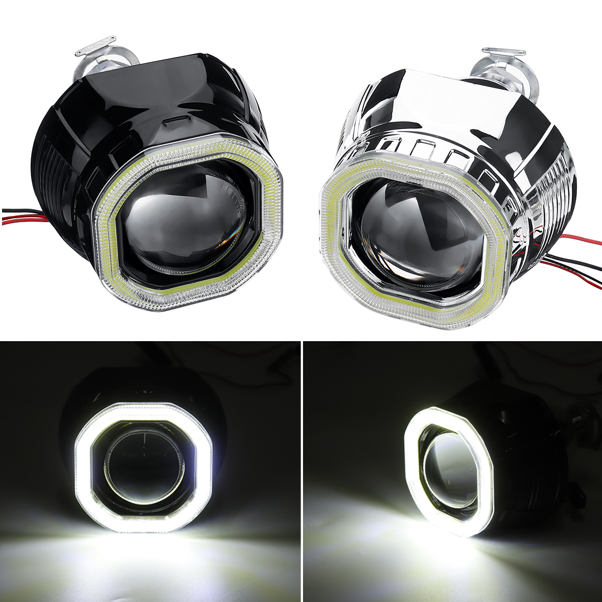 2.5 Incn Car COB LED Angel Eyes Halo Headlight Day Running Lights DRL HID Xenon Projector Lens Kit Square for RHD