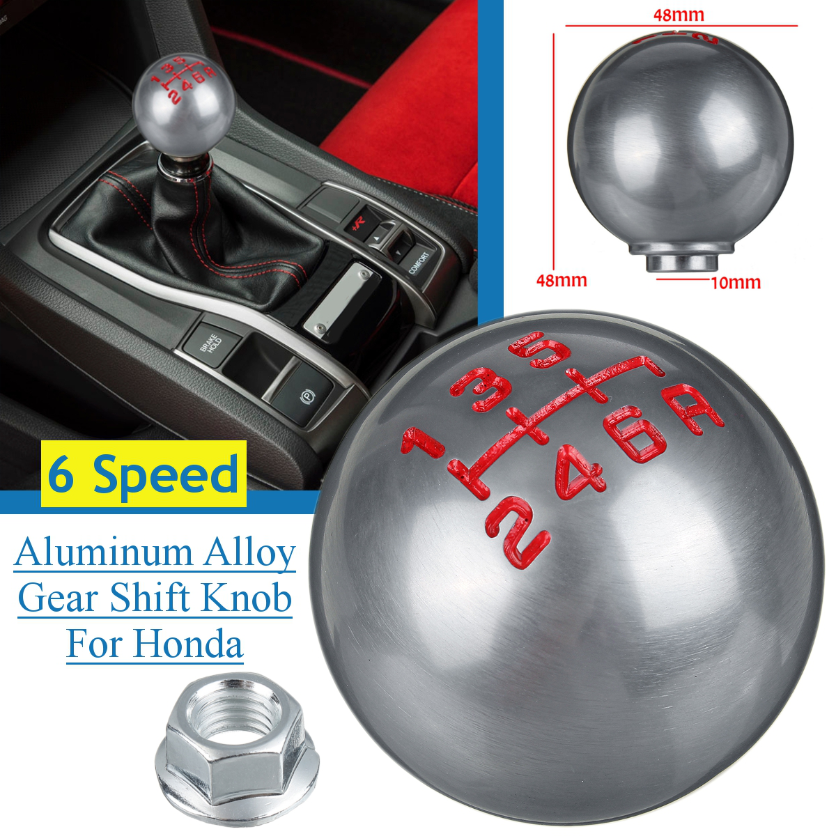 5/6 Speed Alloy Gray Gear Shift Knob round Ball Shape M10X1.5 Thread for Honda Civic City CRV - Auto GoShop