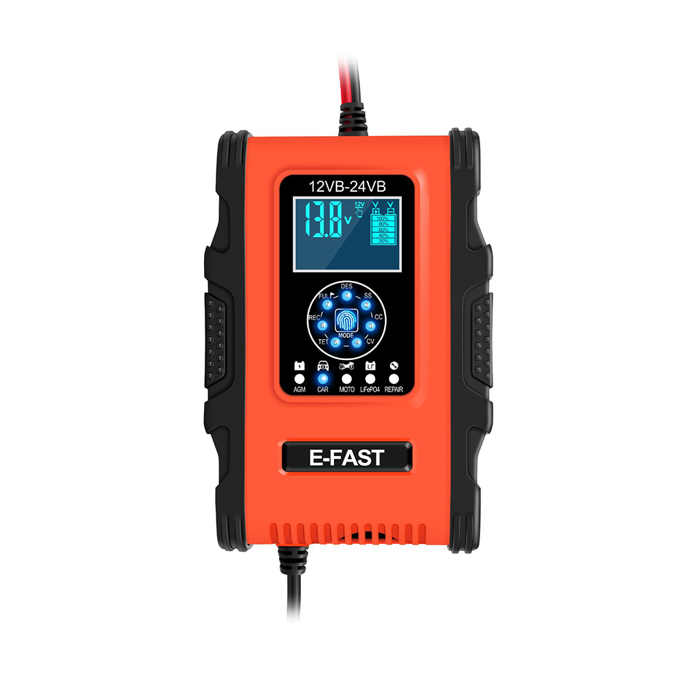 E-FAST 12V 24V 12A 6A Battery Charger 7-Stage Charging LCD Display Red for Motorcycle Car Gel AGM Lifepo4 Lead-Acid Battery