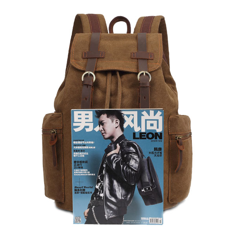 KAUKKO Canvas Genuine Leather Outdoor Big Capacity Shoulders Bag Backpack