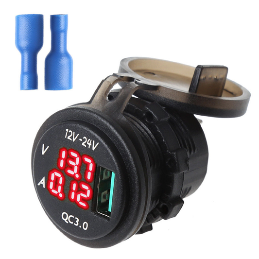 12V/24V QC 3.0 LED USB Charger Socket Voltmeter Current Display for Boat Motorcycle