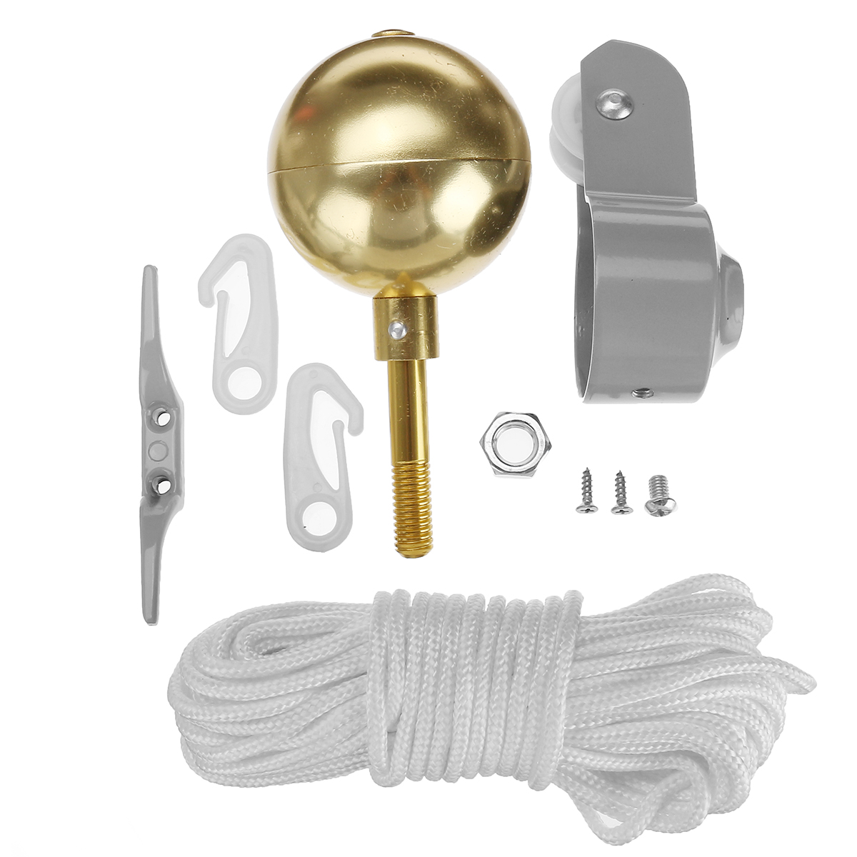Flag Pole Parts Repair Tool Kits 2Inch Diameter Truck Pulley Gold Ball Cleat Halyard Rope
