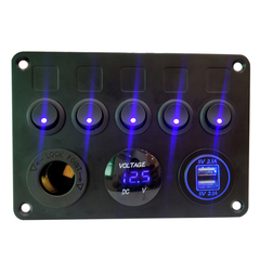 12-24V Universal 5 Gang On/Off Toggle Rocker Switch Panel with Dual USB Charger LED Digital Voltmeter Waterproof for Car Truck Boat Marine