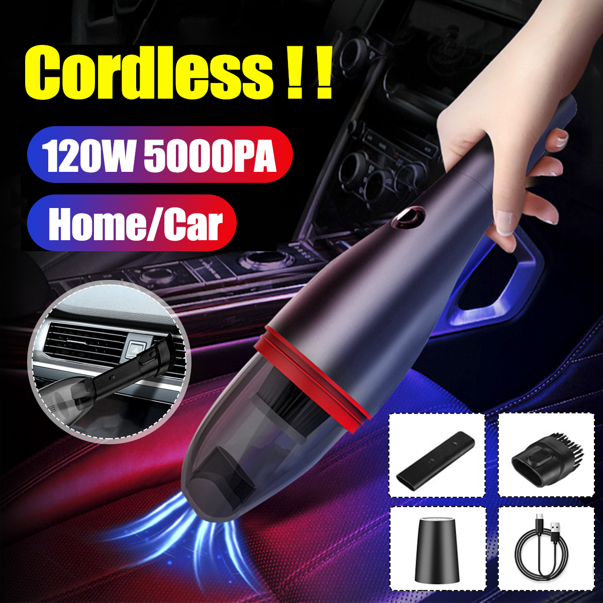 5000PA 120W Wireless Charging Car Household Portable Cordless Car Vacuum Cleaner Handheld Vacuum Cleaner