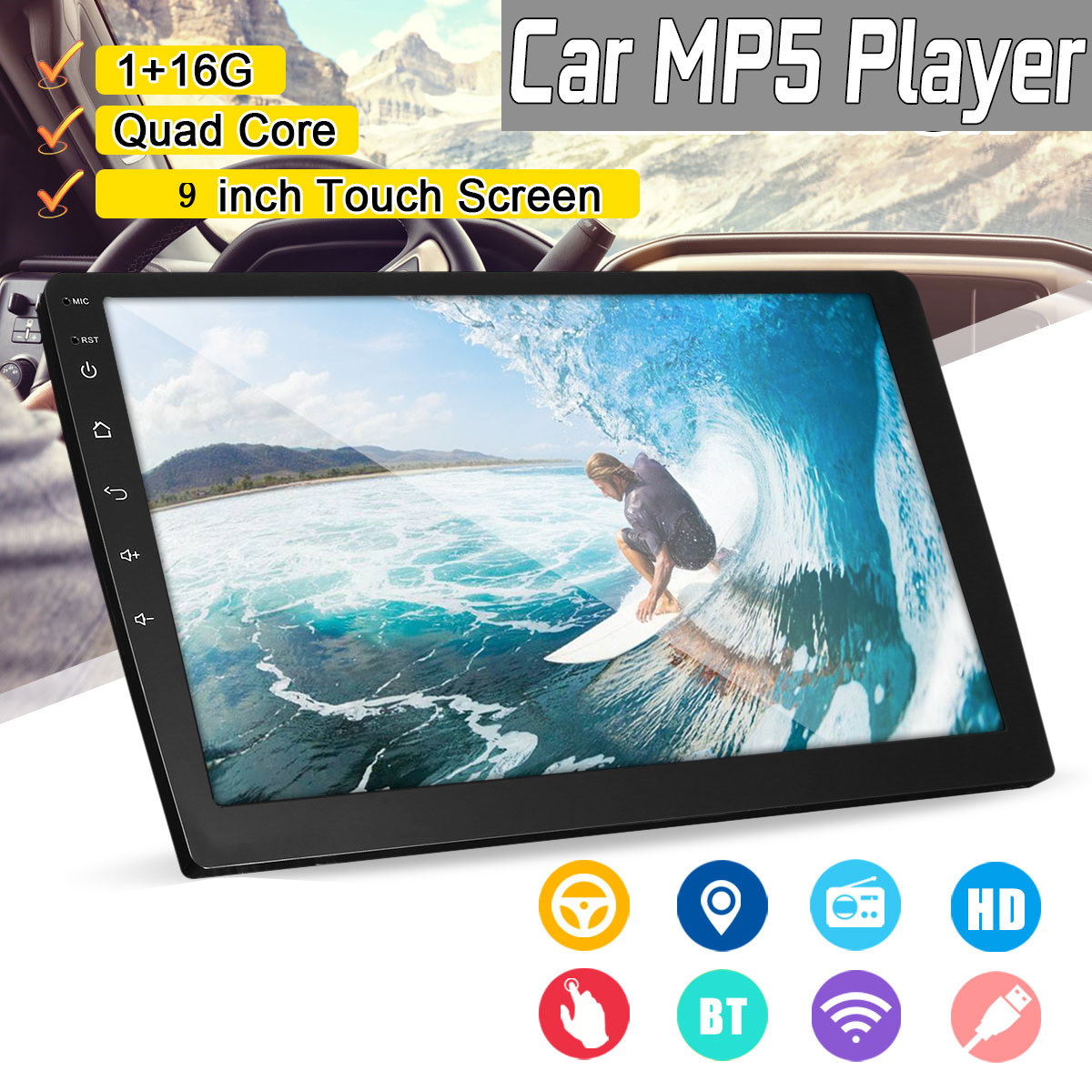 9 Inch 2 DIN Car MP5 Player Quad Core 1+16G Stereo Radio IPS Touch Screen Bluetooth FM DAB DVR - Auto GoShop