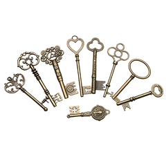 9Pcs Big Large Antique Vtgold Brass Skeleton Keys Lot Cabinet Barrel Lock Keyfobs