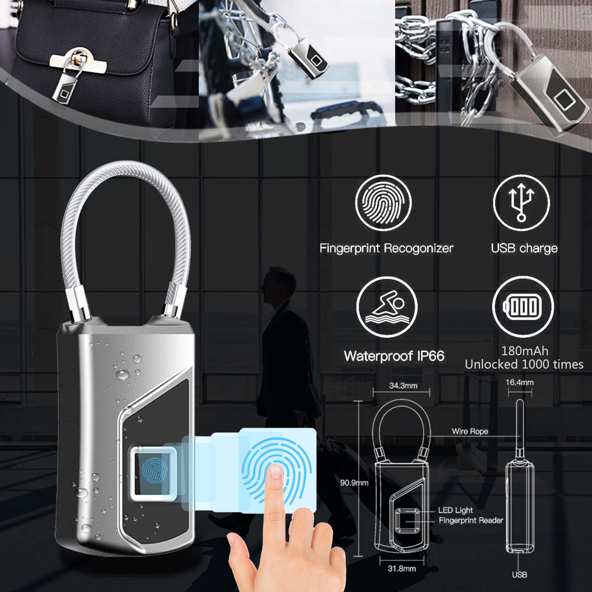 Anytek L1 Waterproof Smart Fingerprint Padlock Keyless Door Lock USB Charge Anti-Theft