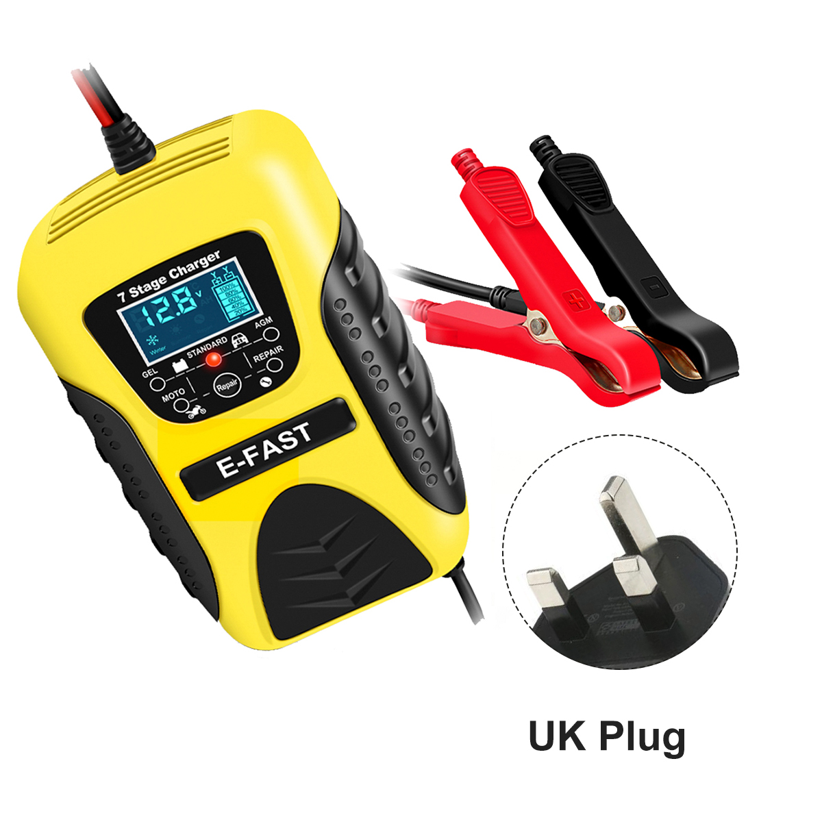 E-FAST 12V 7A Pulse Repair LCD Battery Charger Yellow for Car Motorcycle Lead Acid Battery