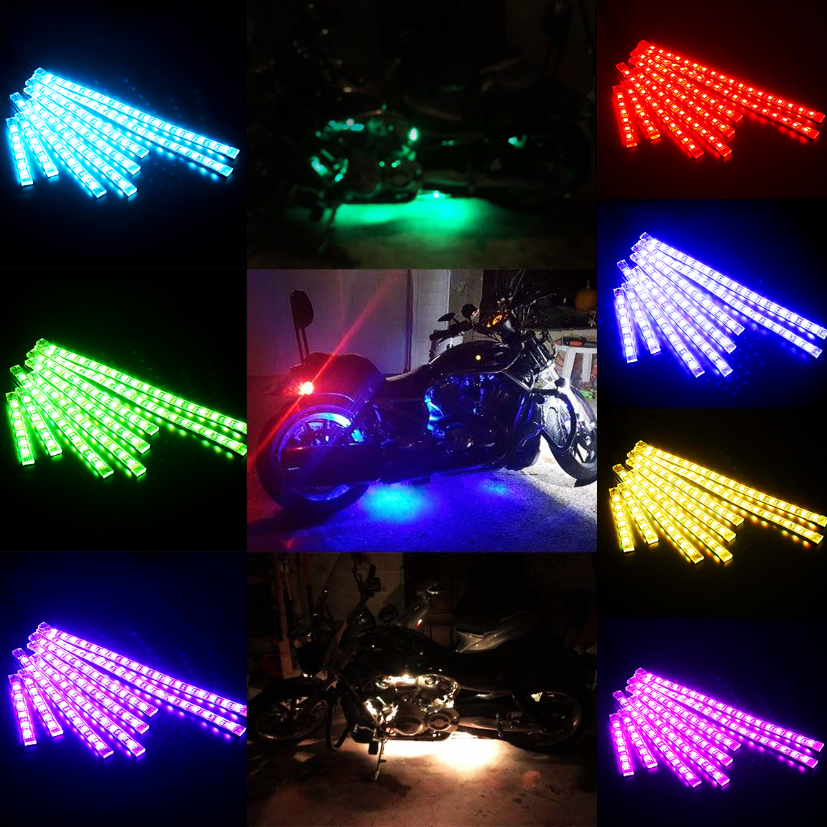 AMBOTHER 8Pcs Motorcycle LED Light Kits Strips DC 12-Volt Waterproof RGB Multi-Color Underglow Neon Ground Effect Atmosphere Lights with Remote and Adhesives Clips