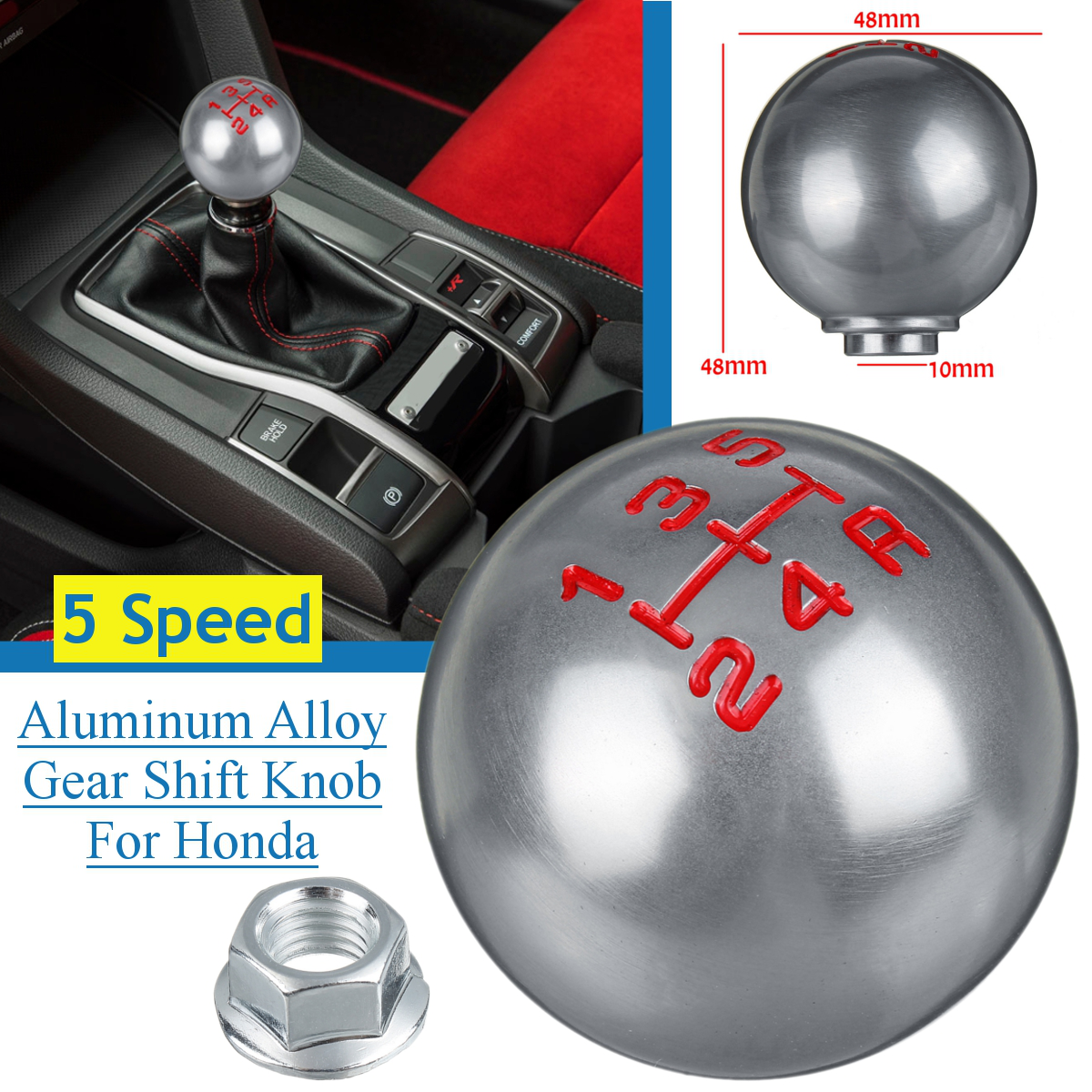 5/6 Speed Alloy Gray Gear Shift Knob round Ball Shape M10X1.5 Thread for Honda Civic City CRV - Auto GoShop