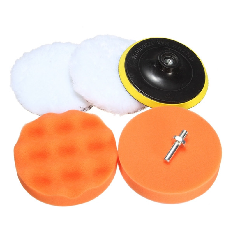 5Pcs 5Inch Polishing Pad Set Waxing Disc Wave Sponge Drill Adapter Wool Ball