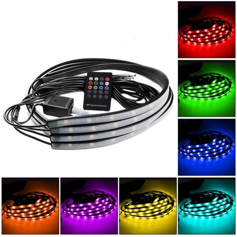4PCS RGB under Car LED Decoration Lights Strip Sound Music Activated Underglow with Wireless Control