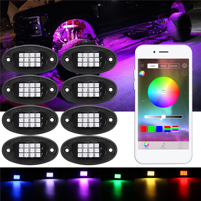 8Pcs RGB LED under Body Lights Rock Lamp Bluetooth Wireless Control for Offroad Truck Boat DC 12V - Auto GoShop