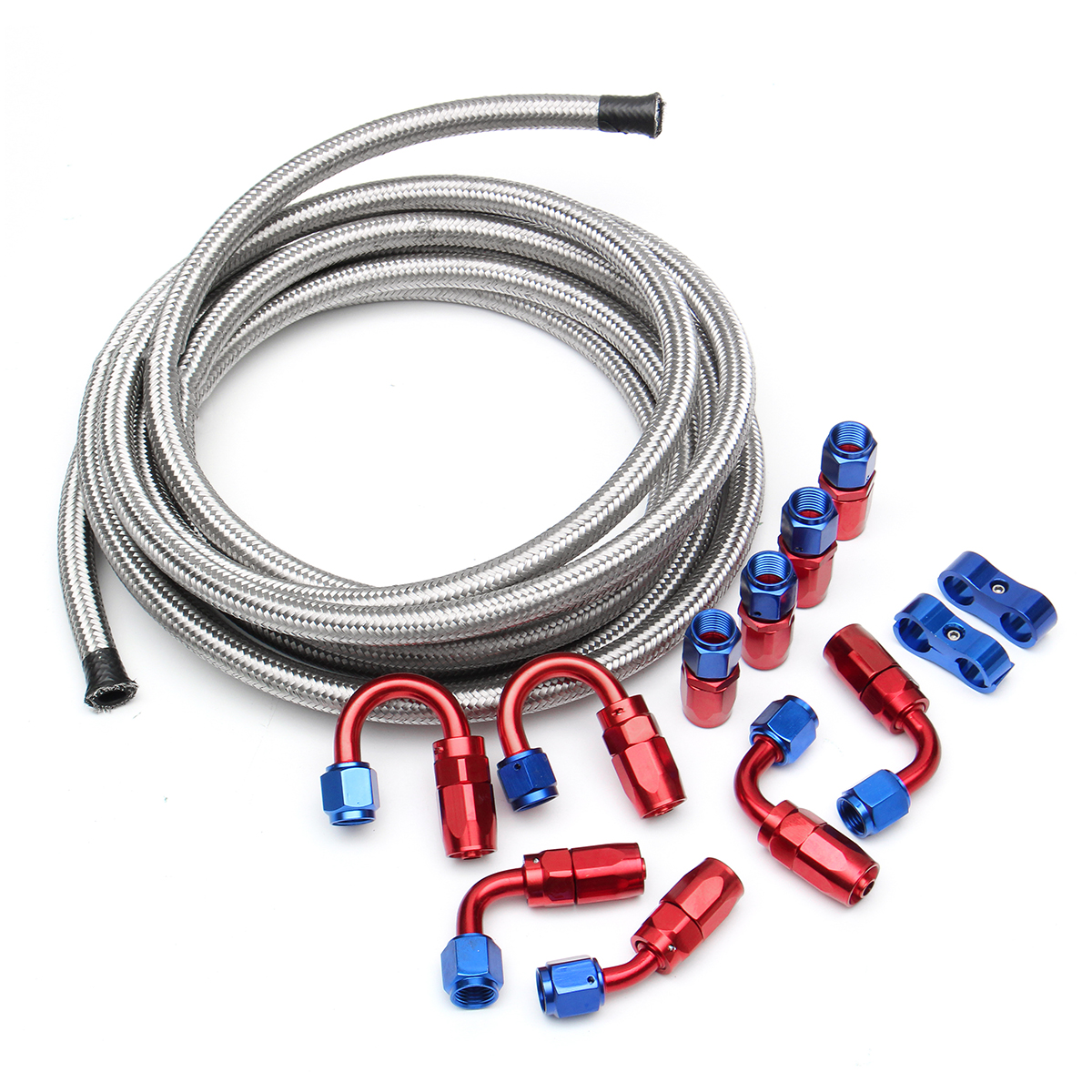 5M AN6 Braided Oil Fuel Line Hose with Fitting End Adapter Kit Set Stainless Steel