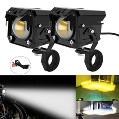 2Pcs Motorcycle LED Auxiliary Hi/Lo Beam Strobe Double Colors Fog Light Aluminum Alloy Safety Driving Spot Lamp Headlight - Auto GoShop